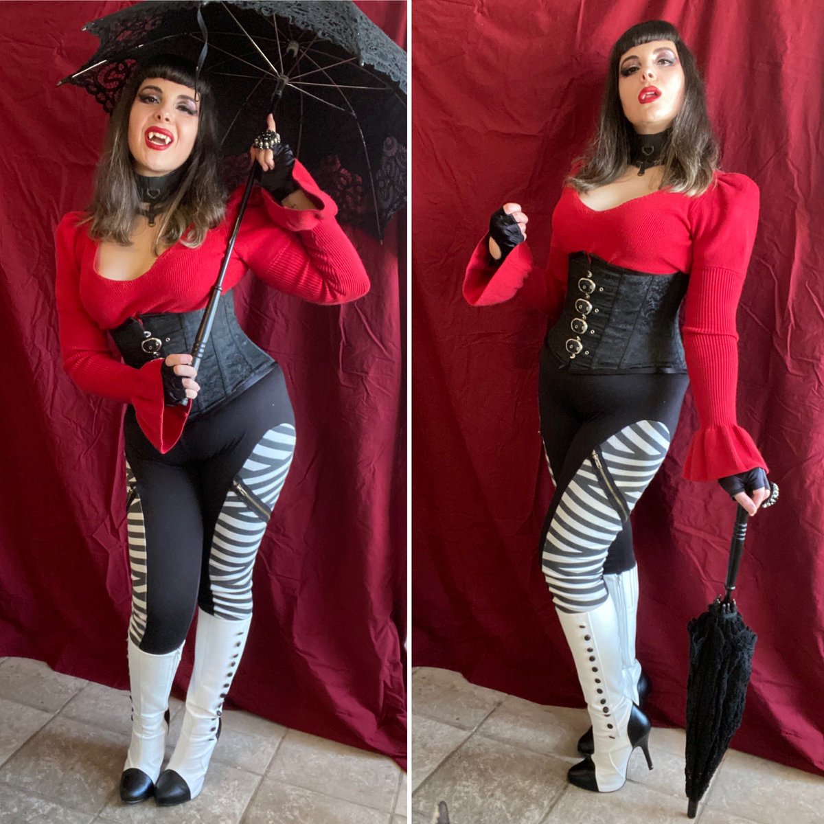 Side by side photos of Kristy’s Venthyr inspired outfit featuring red sweater, black corset, black and white striped leggings, and black and white boots.