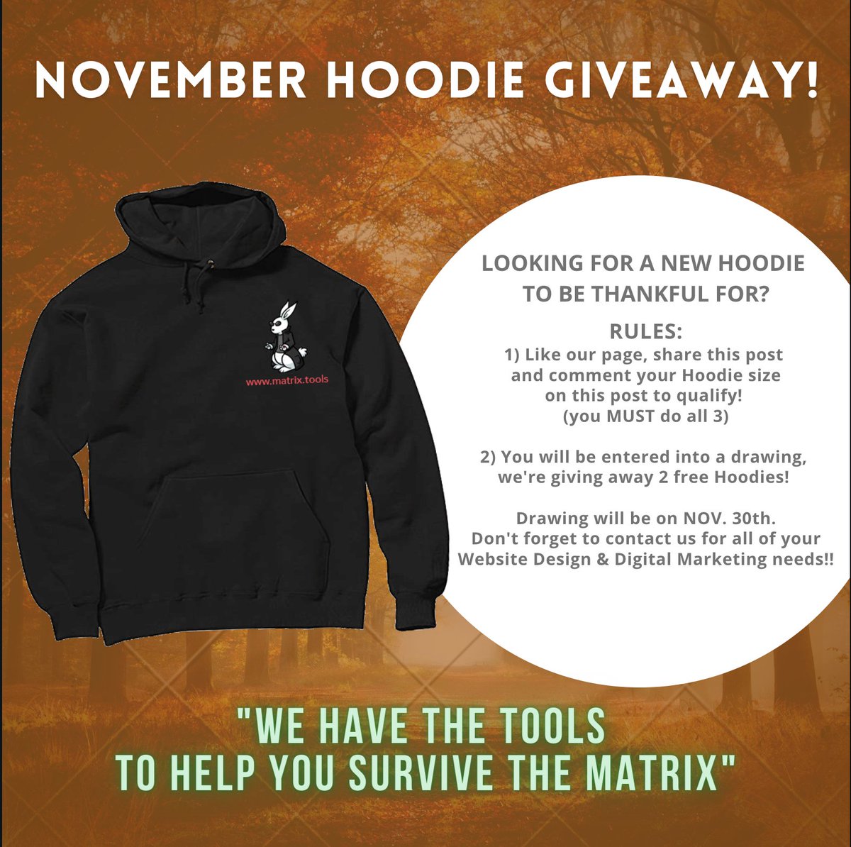 MatrixToolsLLC's tweet image. It is almost the day to choose our winner! Don&apos;t forget to join in on our November Hoodie Give-Away &amp;amp; Get 25% off yearly fee from the service below!
       👉 SEO 
       👉 Optimized Website
       👉 Digital Marketing
       👉 Automation 
Message us now, let&apos;s schedule a call!