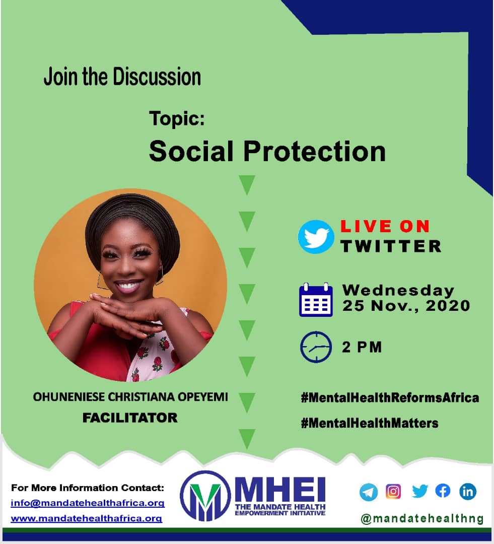 MandateHealthNG's tweet photo. Join us Live as we tackle issues on Social Protection
#socialprotection #MentalHealthMatters @BrainSpeakMag @africalead @yonke_mkentane @gracekryan @zion_ameh @csocapacityng  @AMH_Matters https://t.co/7nacFGAPY9