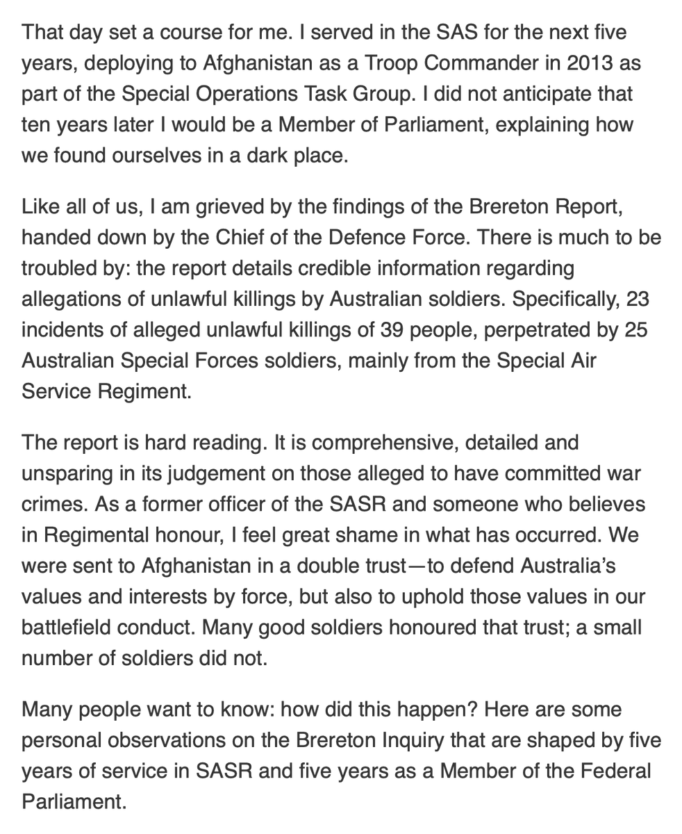 "Perhaps with greater access for the Australian media, some of the events alleged by the Brereton Report might never have happened." Must read from Andrew Hastie, Liberal MP, Intel Ctte Chair and former SAS officer. 1/2(Read it once, then read it again.)