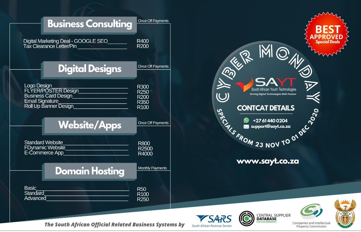 Thabosbax's tweet photo. Let's all celebrate the cyber Monday on the 30th of November 2020 in South Africa, see our best approved special deals and take it as your advantage at SAYT Company, these deals only runs from Monday the 23rd of November until Tuesday, the 1st of December 2020. https://t.co/zC7KO7Q2Ef
