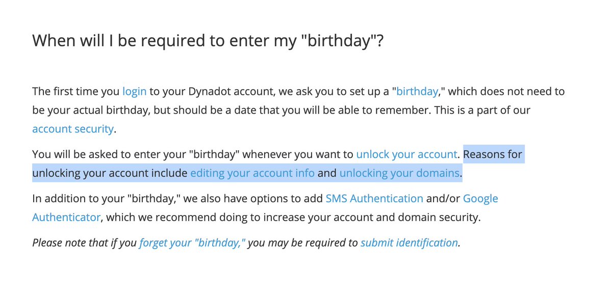  Dynadot offers more security options. 2FA standard either by SMS text or Google Authenticator.  You can opt to authenticate "Every Login (Most Secure)" or "Every New IP Address". And a secure question to change account info or update or unlock domains. 10/n