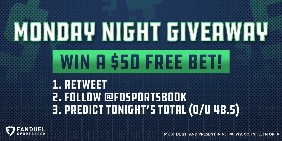 FDSportsbook's tweet image. 🚨 GIVEAWAY 🚨

Over or Under 48.5 total points scored tonight between the Bucs and Rams? 🤔

① RETWEET
② FOLLOW: @FDSportsbook
③ REPLY with your prediction 🔮

One randomly selected correct answer will win a $50 free bet! 💰

#LARvsTB | #MNF