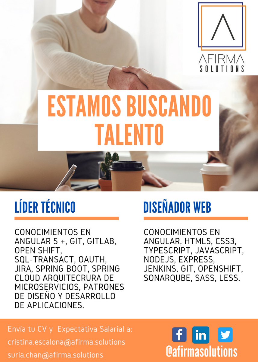 AfirmaSolutions's tweet photo. Aplica para nuestras vacantes en CDMX (home office por contingencia). 

#empleo #Tecnologia #Angular #javascript #CDMX #homeoffice #talentomexicano https://t.co/0XhI7mBr12