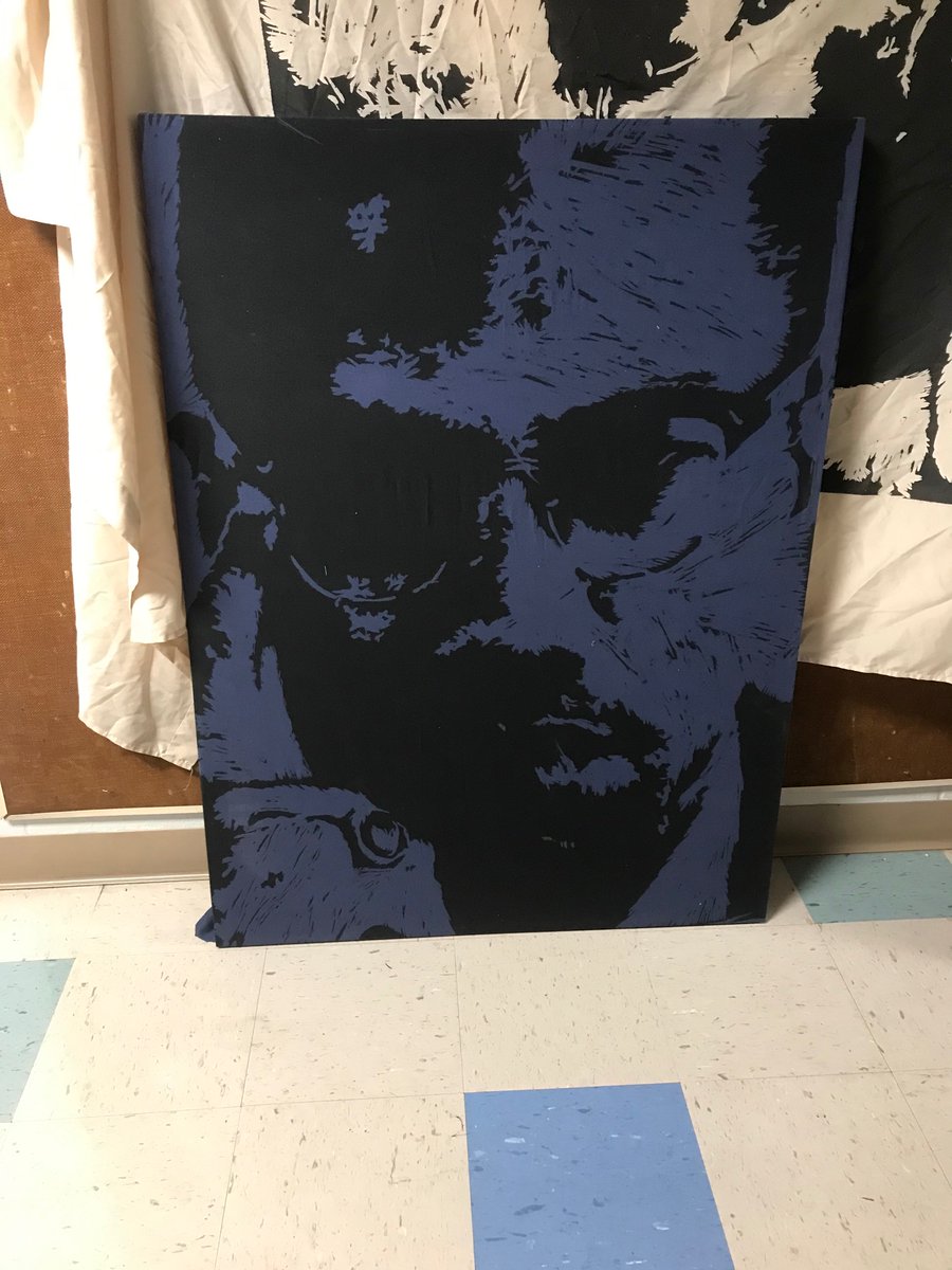 FAxZavier's tweet photo. Lil art drop! Hand carved a giant wood block portrait of Malcolm X. Printed it on some sheets and even stretched and framed one of them! https://t.co/BPwePtEsup