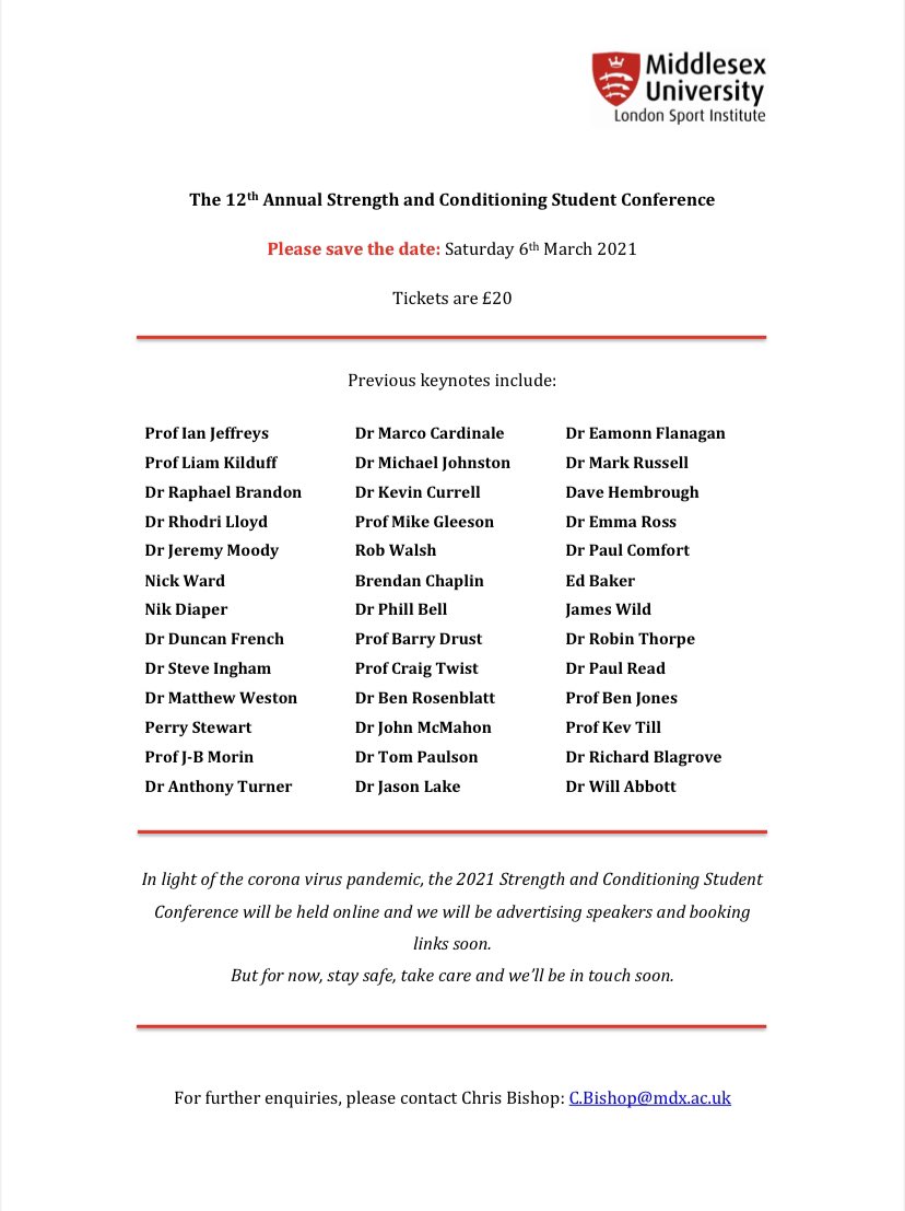 🚨 PLEASE SAVE THE DATE 🚨 

The 12th Annual Strength and Conditioning Student Conference is back in 2021. 

🗓 6 March, 2021 
💻 Will be run in a virtual format 
🗣 Announced soon