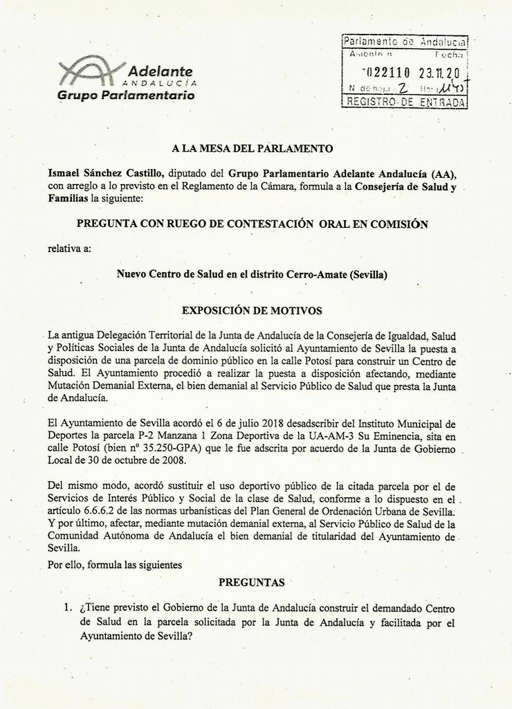 PCECerroAmate's tweet photo. Nuestro diputado Ismael Sánchez pregunta ante la Mesa del Parlamento andaluz sobre la situación actual del Nuevo Centro de Salud en #CerroAmate, que después de tantos años seguimos reclamando desde la Plataforma vecinal pro nuevo centro de Salud Cerro del Águila @nomastiritas https://t.co/T9NmCJ2Csv