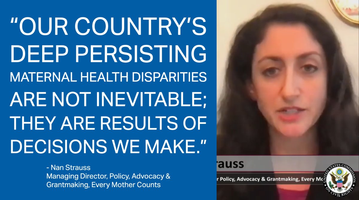 USCCRgov's tweet photo. ICYMI @nanstrauss of @everymomcounts testified at @USCCRgov's U.S. #MaternalHealth Disparities briefing. We are accepting public comments on this important #civilrights matter till 12/14

Submit your comments: MaternalHealth@usccr.gov
 
Watch the Briefing: https://t.co/gWUTFYNOLq https://t.co/bdHZi587fI