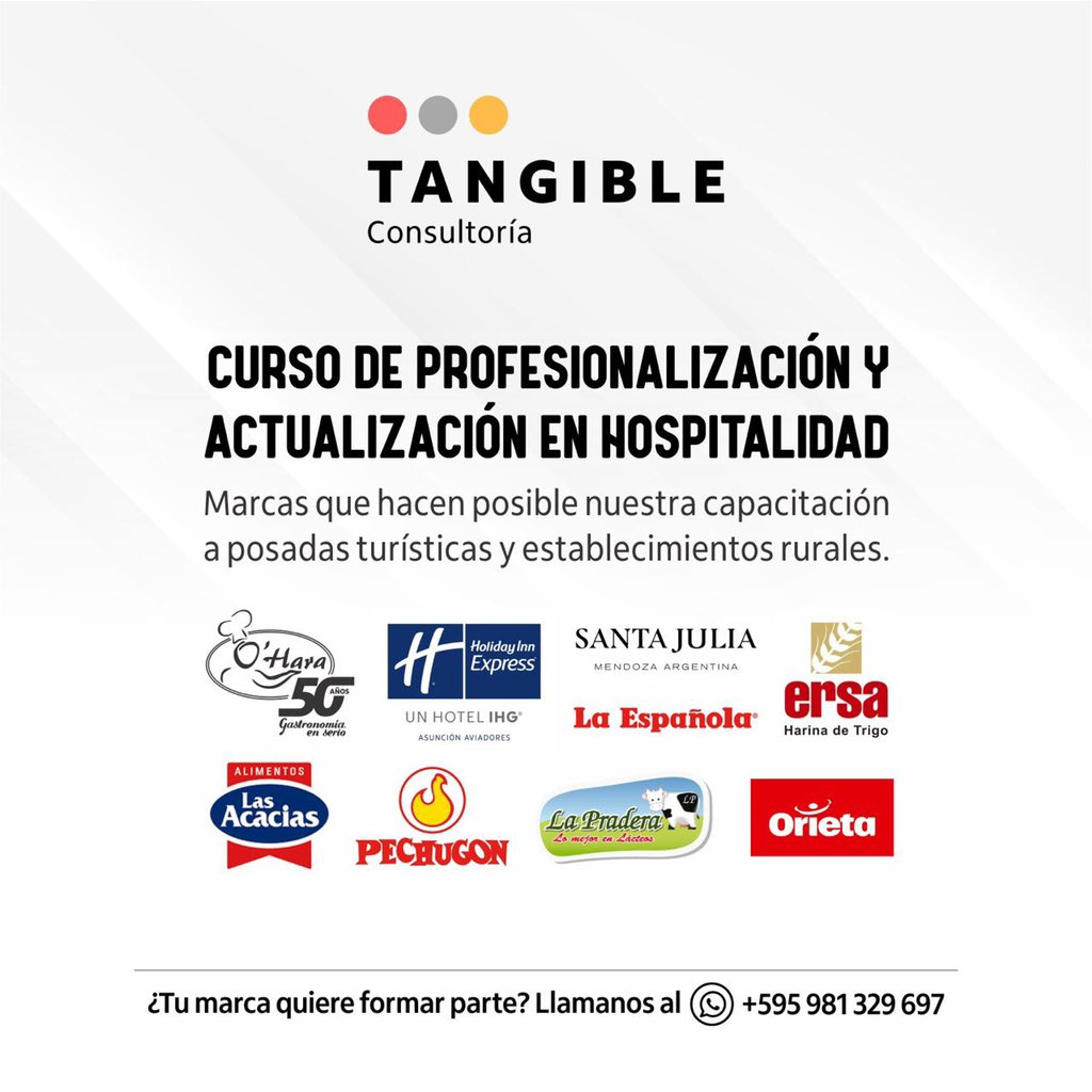 tangiblepy's tweet photo. El próximo Lunes iniciamos las capacitaciones a posadas turísticas y/o establecimientos rurales en base a tres pilares fundamentales: Gastronomía, Hotelería y mkt turístico.

Aprovechamos para agradecer a las marcas que ya se sumaron para profesionalizar el turismo en Paraguay🇵🇾 https://t.co/cBhTz6ASQJ