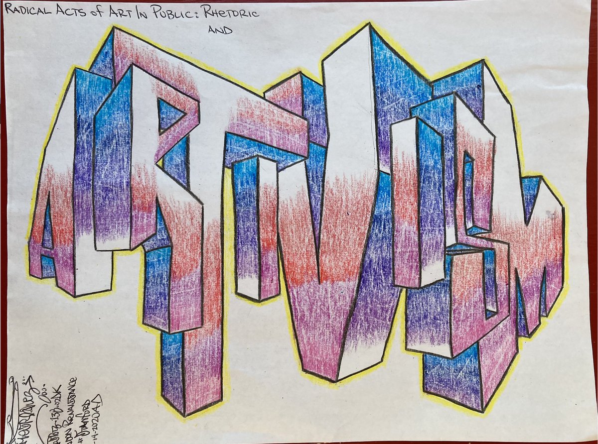 PWRStanford's tweet photo. Dr. Selby Schwartz's Fall 2020 PWR 1 "Radical Acts of Art in Public: Rhetoric and Artivism" partnered with Mesro Coles-El, graffiti artist and poet currently incarcerated at San Quentin who is Project Manager @PrsnRenaissance @Prison_Zine. He created this artwork for her course! https://t.co/66CSfcv2BT