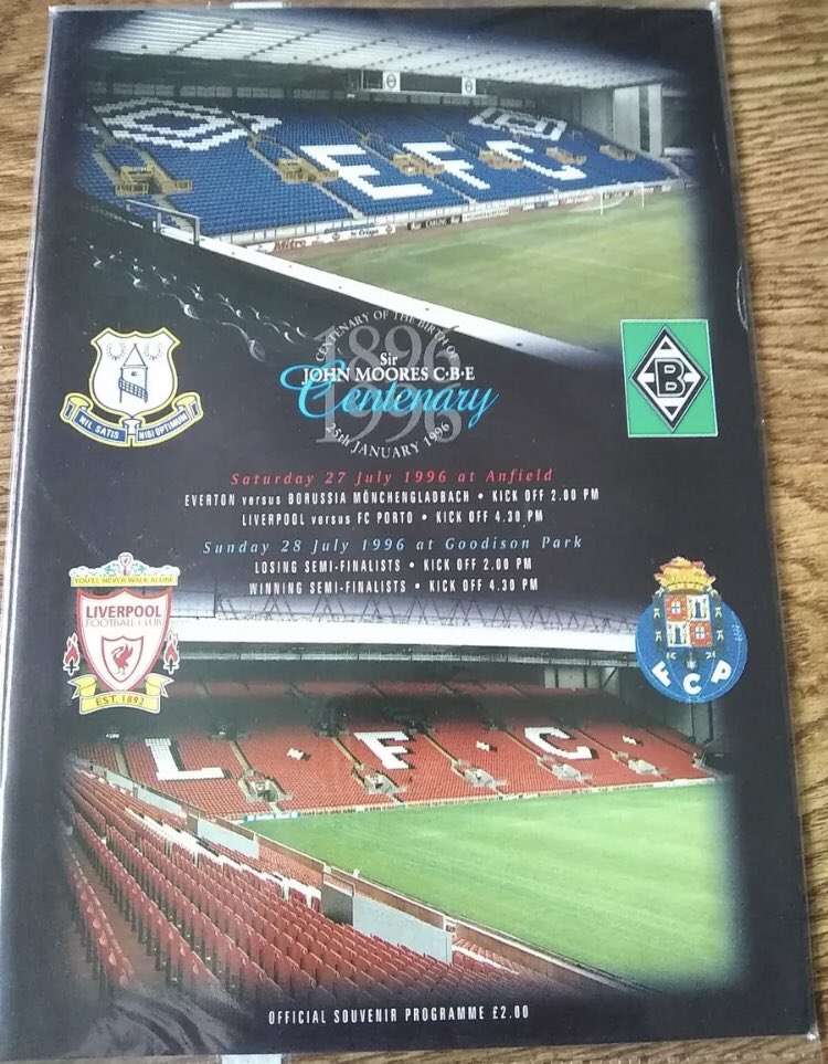 #155 EFC 2-2 Borussia M’Gladbach (M’Gladbach won 3-2 on pens)- Jul 27, 1996. EFC, M’Gladbach, LFC & Porto took part in a 4 team tournament playing for the Sir John Moores Centenary Trophy. This match was played at Anfield. EFC drew 2-2 w/ goals from Dunc & Speed but lost on pens.