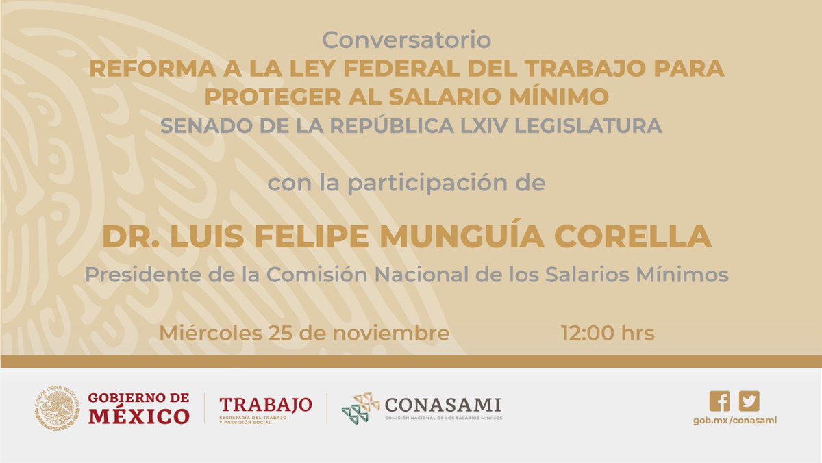 conasami's tweet photo. Mañana estaremos en el conversatorio virtual del Senado de la República sobre la Reforma a la Ley Federal del Trabajo para proteger al #salariomínimo. 👍
Sigue la transmisión por las redes de @senadomexicano
#ConasamiInforma https://t.co/iD1LSA2zeC