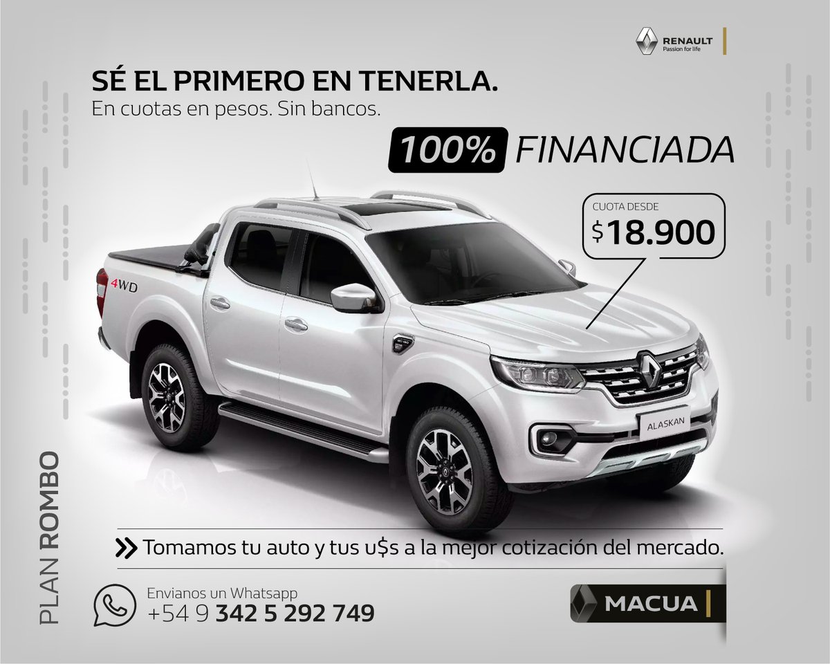 Suscribite hoy y tené la #Nueva #Pickup de #Renault. Financiá la #Alaskan con una cuota #increíble. Consultanos hoy mismo. https://t.co/UrXax10TP9