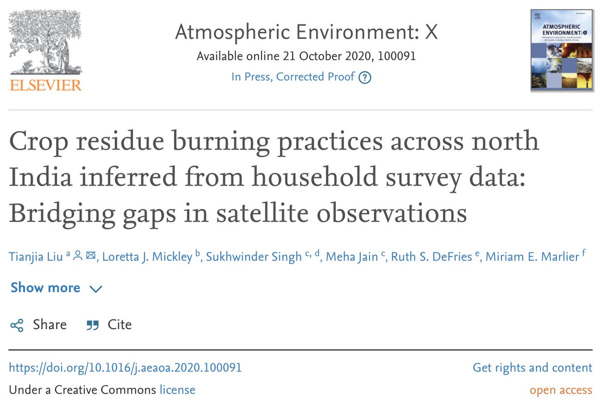 Liu, T., L.J. Mickley, S. Singh, M. Jain, R.S. DeFries, and M.E. Marlier (2020, in press). Crop residue burning practices across north India inferred from household survey data: bridging gaps in satellite observations. Atmos. Environ. X, 100091. https://doi.org/10.1016/j.aeaoa.2020.100091