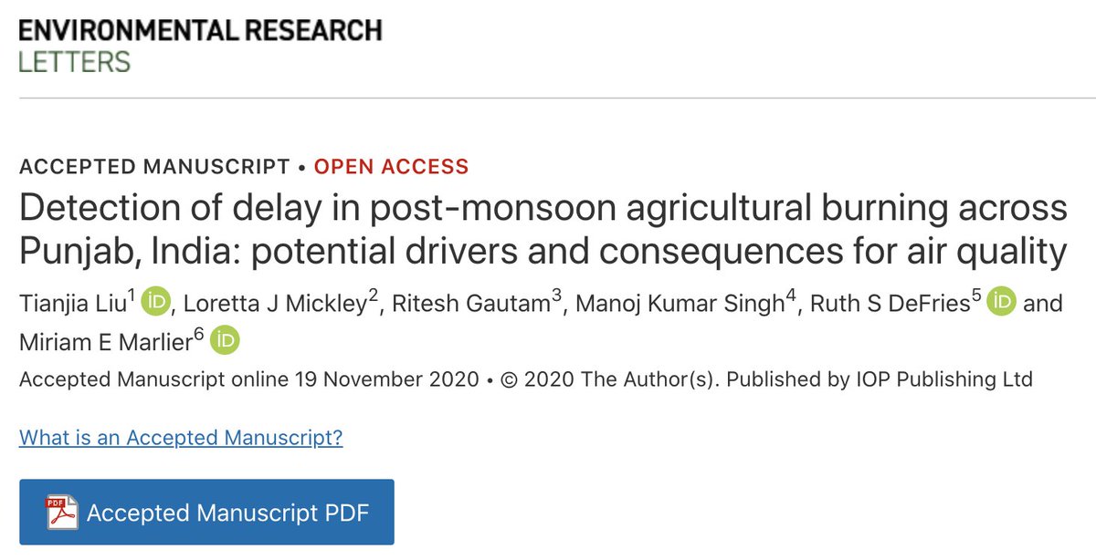 Liu, T., L.J. Mickley, R. Gautam, M.K. Singh, R.S. DeFries, and M.E. Marlier (2020, in press). Detection of delay in post-monsoon agricultural burning across Punjab, India: potential drivers and consequences for air quality. Environ. Res. Lett.
https://doi.org/10.1088/1748-9326/abcc28