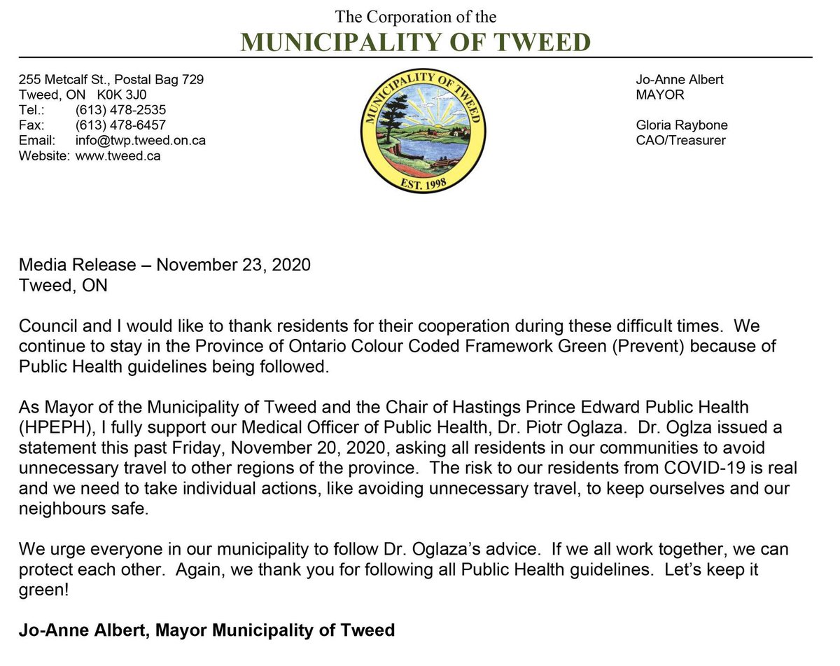 TweedOntario's tweet photo. Media Release - November 23, 2020 #letskeepitgreen https://t.co/yrmLpV5D2j