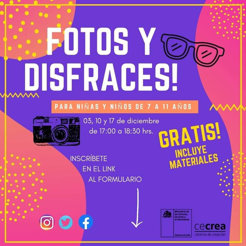 Te invitamos a participar del nuevo laboratorio "Fotos 📷   y Disfraces🎭", donde podrás crear personajes y sacar fotografías de acciones cotidianas  y disfrazados. Si tienes entre 7 y 11 años y eres de la región Metropolitana inscríbete aquí:
docs.google.com/forms/d/e/1FAI…