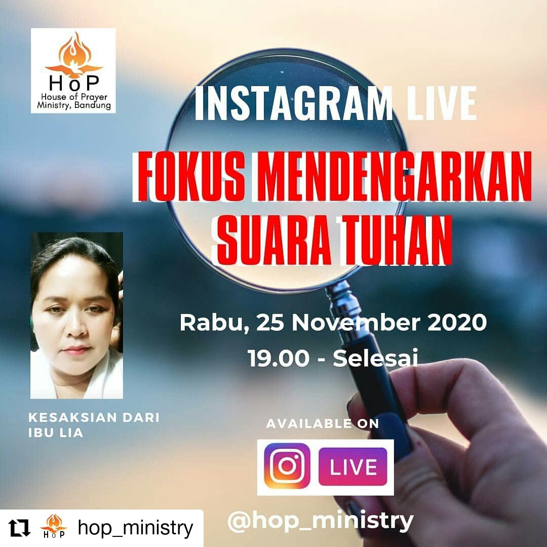 #Repost @hop_ministry

#InstagramLive HOP Ministry kembali hadir 

Rabu, 25 Nov 2020
19.00 - 20.00
Sharing by : Ibu Lia 
Fokus mendengarkan suara Tuhan

Di : #INSTAGRAMLIVE  @hop_ministry

Selama satu jam penuh kita  akan kupas tuntas
@sari_kartika16
@parentsandgrace_pag_hop