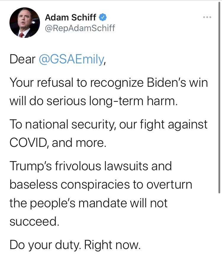 Hey  @AdamSchiff. You spent 3 years crippling the Trump administration. Biden waiting 3 weeks until this afternoon to get a few million dollars for a transition hardly stands between safety and chaos. Yes. that’s basically what  @GSAEmily changes: Few million dollars.