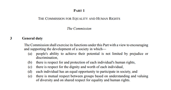 The EHRC has a number of duties, including a general duty to exercise its functions with a view to encouraging and supporting the development of a society in which, among other things, people’s ability to achieve their potential is not limited by prejudice or discrimination.