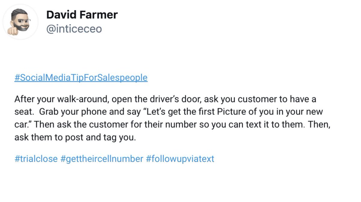 inticeceo's tweet photo. #SocialMediaTipForSalespeople 
After your walk-around, open the driver’s door, ask you customer to have a seat. Grab your phone and say “Let’s get the first Picture of you in your new car.” Ask the customer for their number so you can text it to them,ask them to post and tag you. https://t.co/OUi21Wt9tc