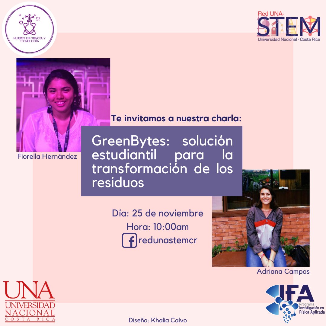 ifaunacr's tweet photo. 1/ #CharlaSTEM
"GreenBytes: solución estudiantil para la transformación de los residuos"
📅 Miércoles 25 de noviembre | 10 am
📹FB Red UNA STEM
#EstudiantesUNA #STEM #MujeresenCienciayTecnología https://t.co/VncIeNCimE