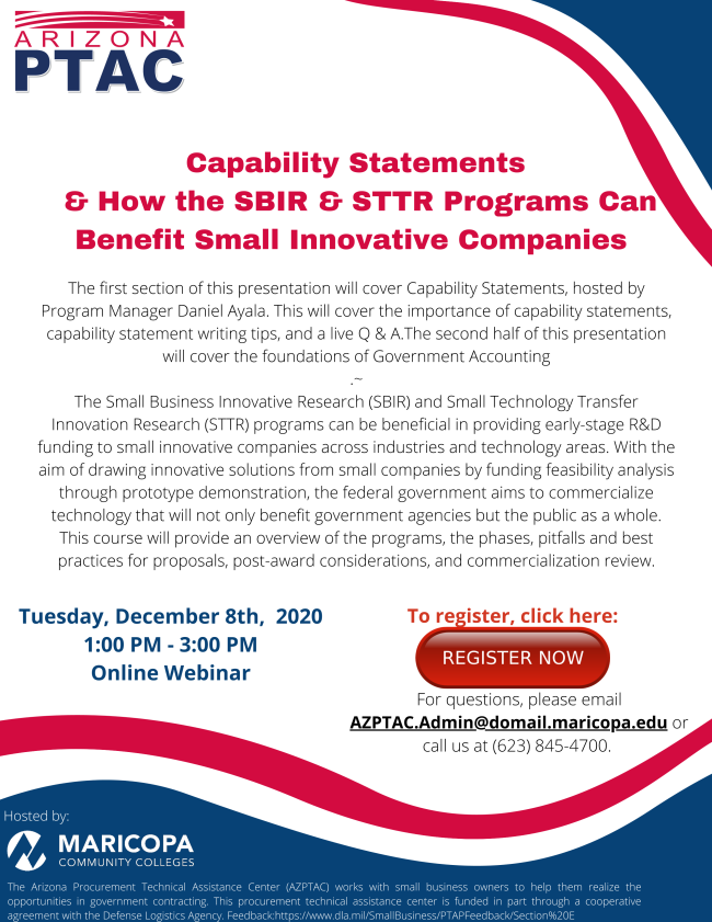 Register now for our upcoming workshop on Dec. 8th: Capability Statements &amp; How the SBIR &amp; STTR Programs Can Benefit Small Innovative Companies. Register here conta.cc/2IT5NYR