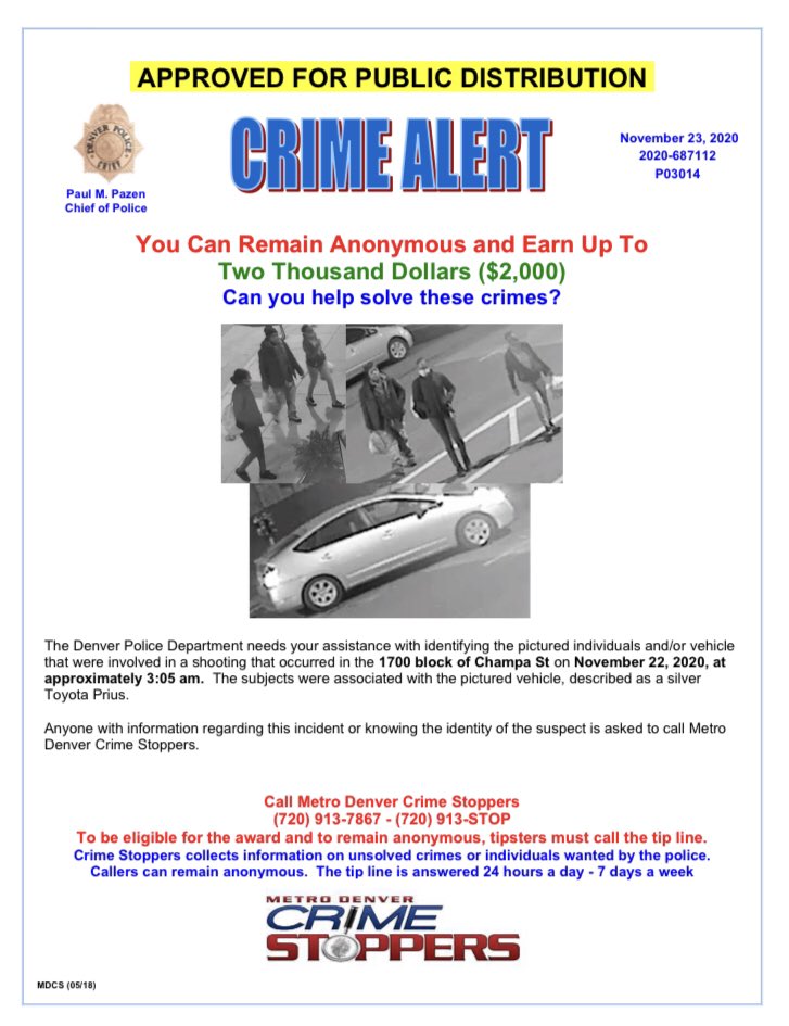 DenverPolice's tweet image. #Denver, do you have any information about this shooting? If so, please call @CrimeStoppersCO at 720-913-7867 and you could earn a cash reward!