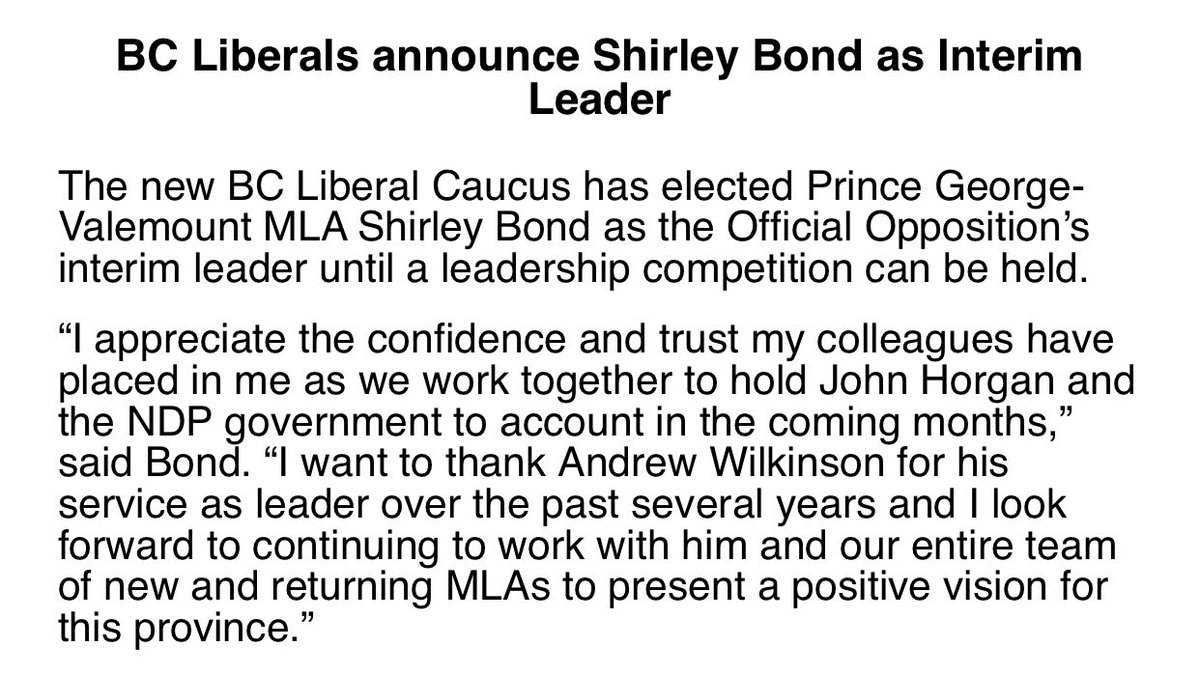 jackermann's tweet photo. .⁦@bcliberals⁩ name Shirley Bond interim party leader. #bcpoli #bcvotes2020 https://t.co/c4xef9wvDE