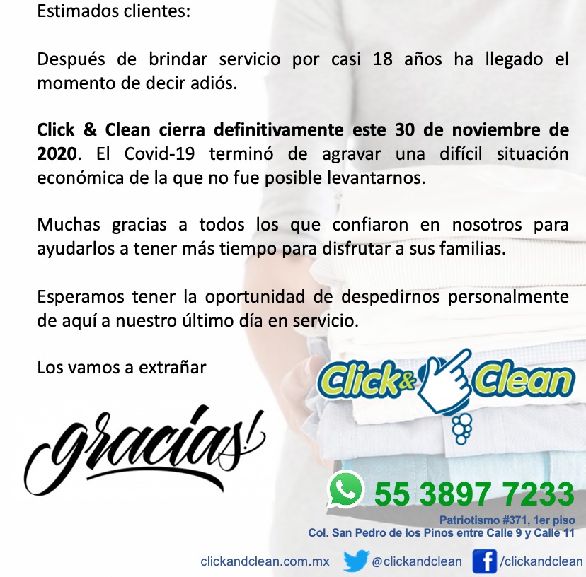 ClickandClean's tweet photo. Muchas gracias a nuestros fieles clientes por sus muestras de cariño. 

Todavía hasta fin de mes los estaremos atendiendo. 

Esperamos poder despedirnos de ustedes. https://t.co/ANpSR1wNz3