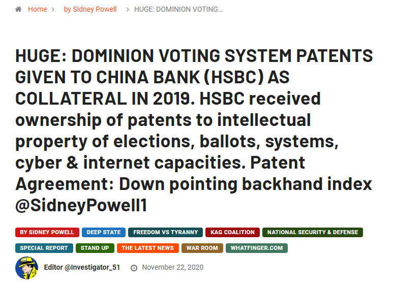 New Episode Tonight!7PM EDT#259 // COLOR REVOLUTIONChina Bank (HSBC) now tied to DOMINION VOTING SYSTEMS. Besides a nuclear armed nation state with an economy on par with the US - who could conspire to silence all discussion?HUGE HUGE HUGE https://conservativechoicecampaign.com/huge-dominion-voting-system-patents-given-to-china-bank-hsbc-as-collateral-in-2019-hsbc-received-ownership-of-patents-to-intellectual-property-of-elections-ballots-systems-cyber-internet-capa/