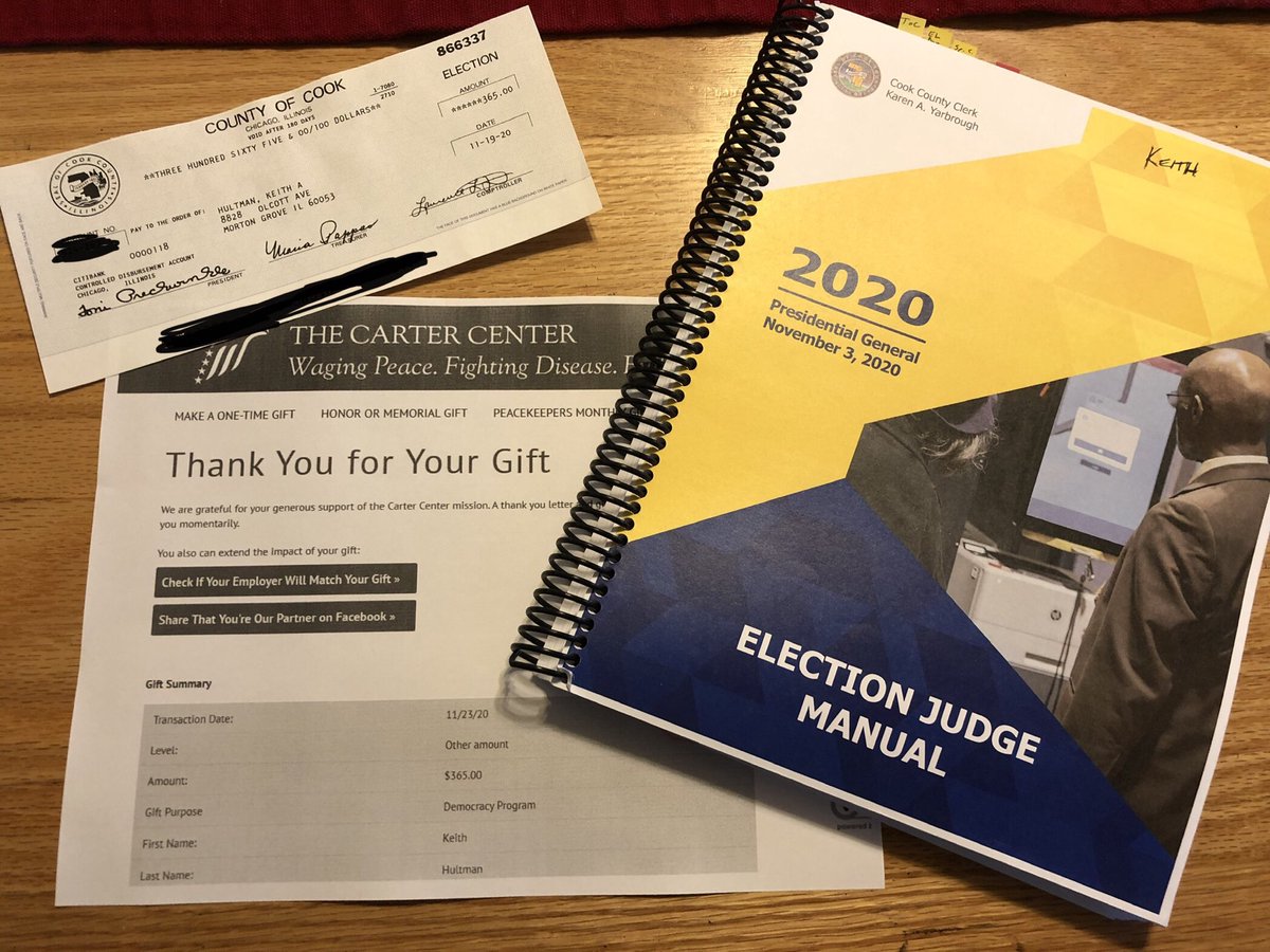 keithhultman's tweet photo. Donated my pay from working the polls this year to the Carter Center’s Democracy program. https://t.co/YlAxgoP58R
