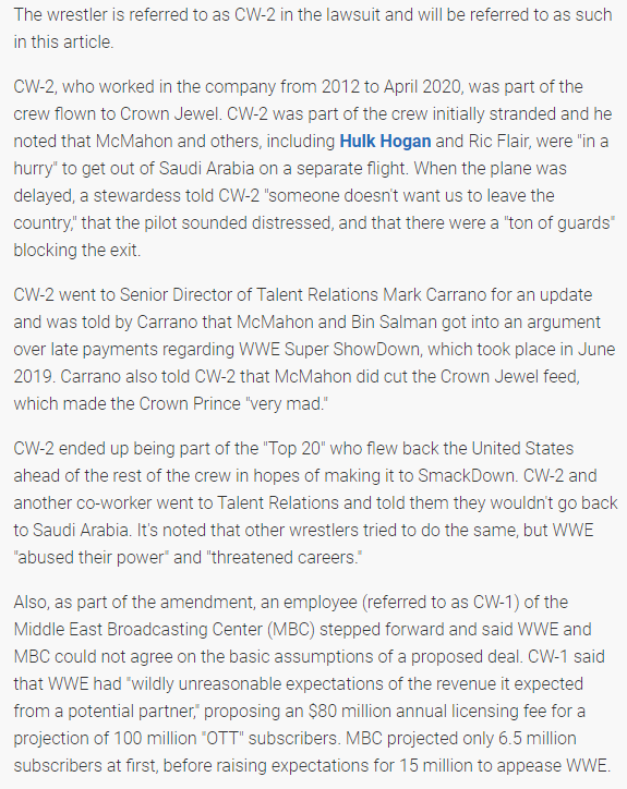 - In a class action complaint against WWE, an anonymous ex-employee confirms most, if not all, of the harrowing details behind the infamous Saudi hostage situation, including armed guards blocking exits & being told by stewards that 'somebody' doesn't want them to leave.