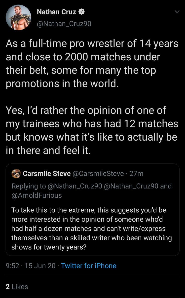 - Nathan Cruz logs on to kickstart another fucking rant about star ratings, YOU'VE NEVER TAKEN A BUMP!, fans not being fans etc etc. If the wrestling biz wants to be taken as seriously as movies, games & videos, it has to stop being so thin-skinned when it comes to critique.