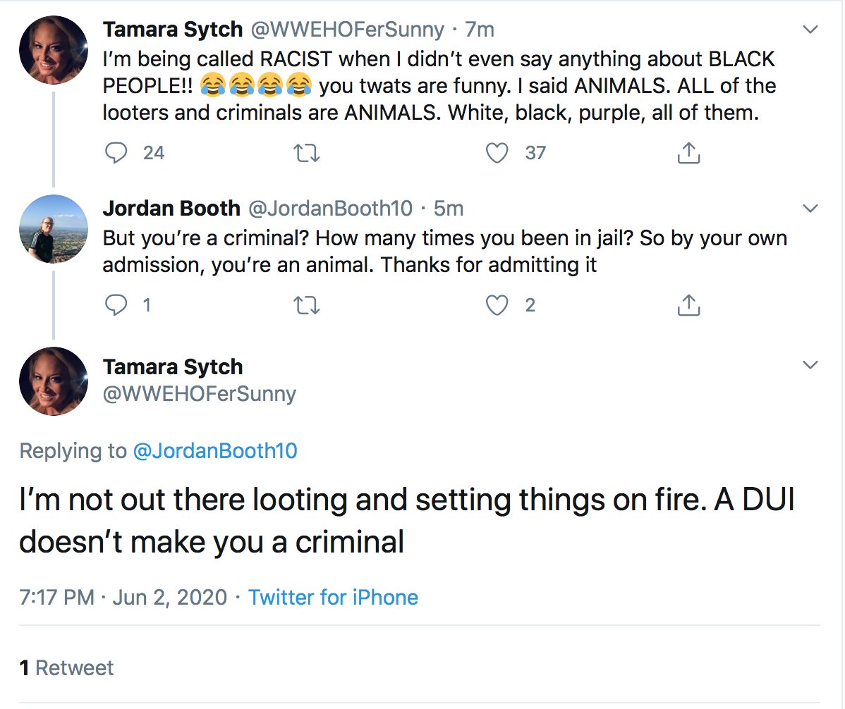 - Hey, we haven't talked about Tammy Sytch in a while! She logged on to state that rioters are all 'animals' & that having a DUI doesn't make herself a criminal. I dunno, I'd say I'm more in danger of being hit by a fucking drunk driver than someone looting a Walmart. Fuck off.
