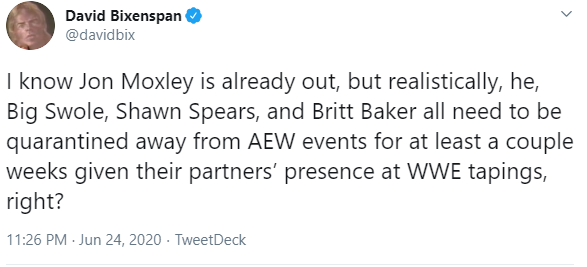 - There's rumblings of a COVID outbreak at AEW due to a fair chunk of the roster having close relationships with members of the WWE/NXT roster, as well as some still taking indie bookings. This makes the whole scene and business look real grim.