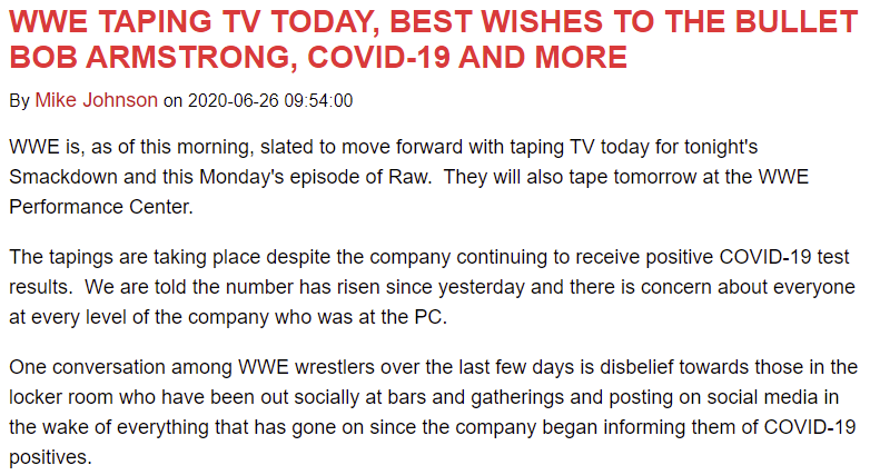 - Another boatload of COVID-positive tests land in WWE's lap. Despite this, WWE still go ahead with their regular taping schedule. Hell, Jamie Noble reveals he tested positive for the virus & WWE carried on with that day's tapings regardless.