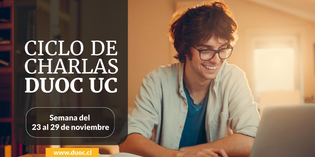 ¡Ponte en línea con el nuevo ciclo de Charlas Online! Esta semana te esperan nuevas y exclusivas conversaciones con importantes exponentes de diversas industrias. ¡Ya sabes! Inscríbete aquí bit.ly/34u444o y súmate a nuestras charlas. #CicloDeCharlasDuocUC #CharlasDuoc