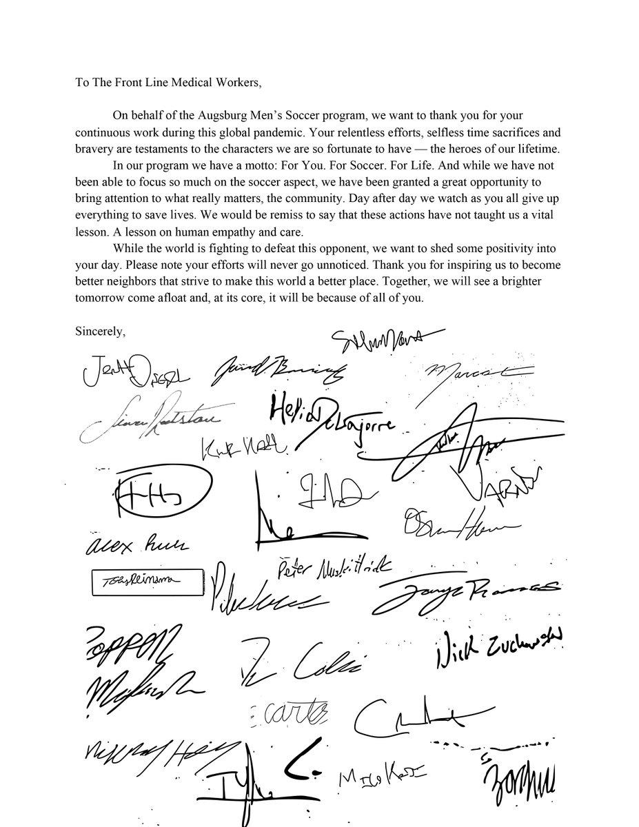 AugsburgAuggies's tweet image. A message from @AugsburgSoccer to the Front Line Medical Workers. Thank you.