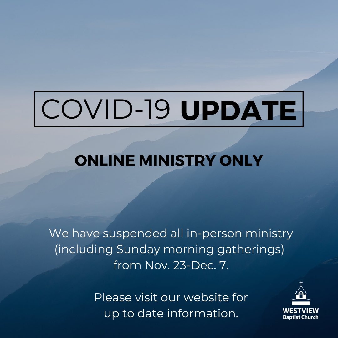 *IMPORTANT CHURCH UPDATE*
 
As a leadership team, we have made the difficult by necessary decision to further suspend all in-person gatherings (including Sunday Worship) from Nov. 23 until Dec 7. Hear us when we say, church is not cancelled. Please continue to join us online.