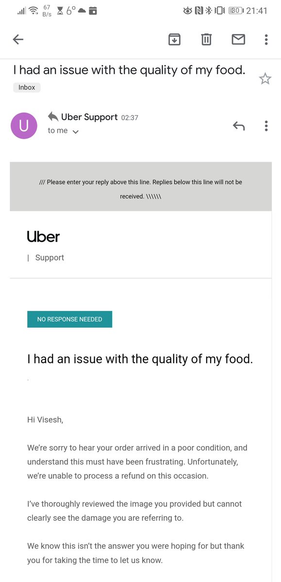 #CustomerService fail from <a href="/UberEats/">Uber Eats</a> who first *thoroughly* review my image of my #pizzadelivery and think it is fine, then berate me for not providing an image but refund me anyway. It gets worse as they dodge the question of what is acceptable multiple times.