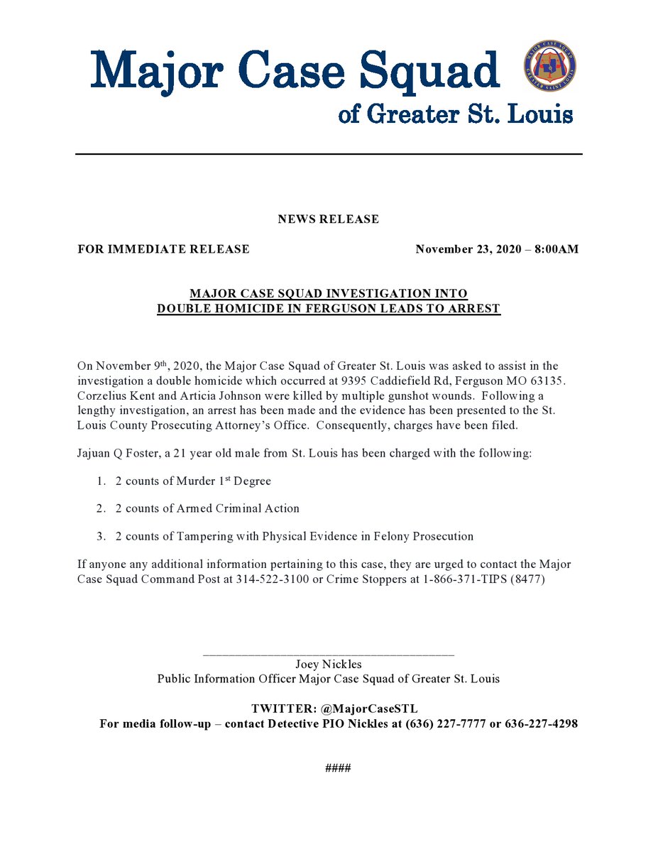 MajorCase St. Louis (@MajorCaseSTL) on Twitter photo 28/11/2020 04:26:03 An arrest has been made in reference to the double homicide in Ferguson. An arrest has been made in reference to the double homicide in Ferguson.