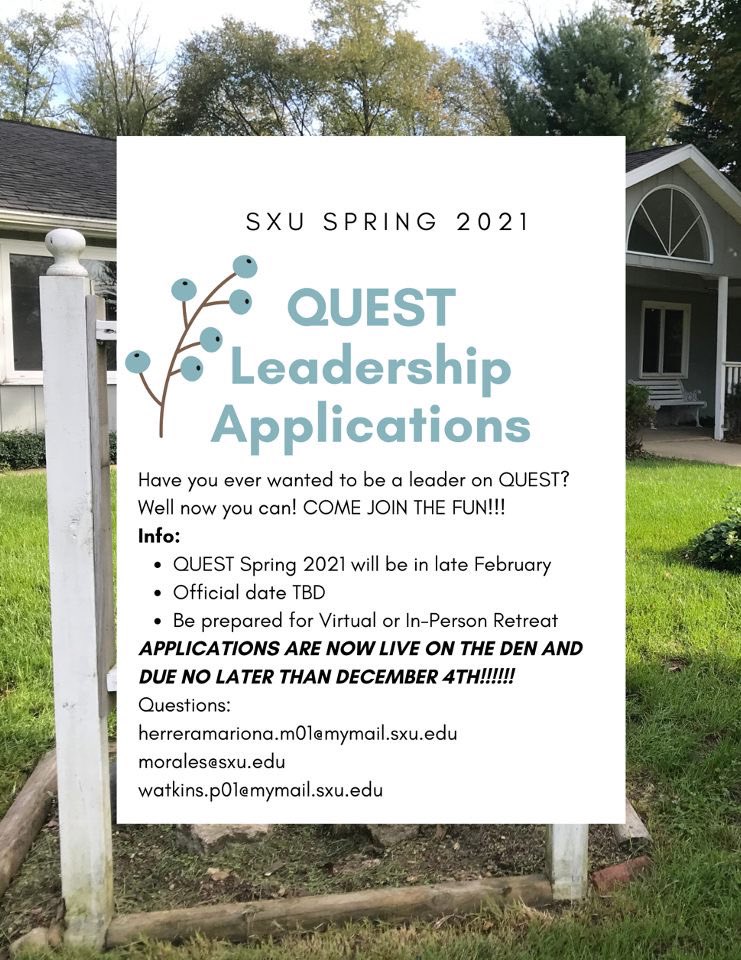 SXUCampusMin's tweet photo. Hello Cougars! We are back on Twitter and would love share that there is just over a week left to apply to be a leader for Quest next semester!

The application can be found under forms on Campus Ministry’s page on The Den or by following this link: https://t.co/v8Kjopiv4S https://t.co/vuNqyknRit
