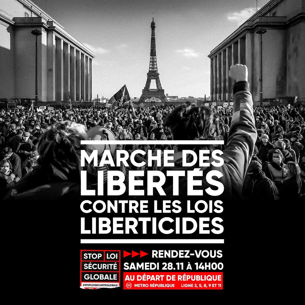T_Bouhafs's tweet photo. Face à l’autoritarisme d’un gouvernement qui veut éteindre nos libertés.

Une seule solution : La manifestation !

Rendez-vous place de la république à Paris et dans toute la france à 14 heures pour : 

La marche des libertés ! https://t.co/c20LdGvlga