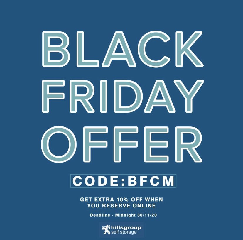 BLACK FRIDAY OFFER FOR YOU! Here at Hills Self Storage we want to kick of the week with a bang! We are running an offer to celebrate Black Friday use code BFCM at the checkout to receive and extra 10% off. Offer ends midnight 30th November #blackfriday #Colchester #selfstorage