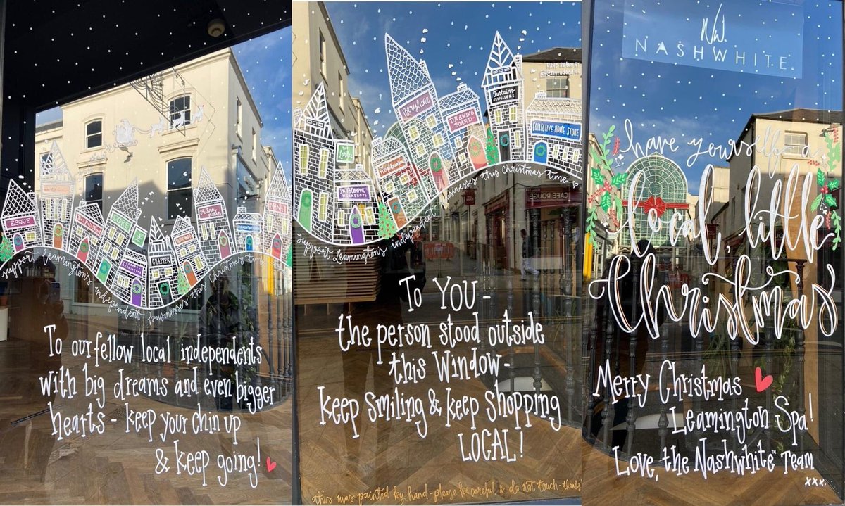 LoveLeamington's tweet photo. We have some gorgeous indie #superstars ⭐️⭐️⭐️ in Leam ...  you can tell because the writing is literally on wall ... look at this beautiful #ChristmasWindow by @Nashwhite ... we just 💖 it! We can’t wait to welcome them back too. #LoveLeam #LoveLocal #ShareTheLove https://t.co/9QvANUJDfj