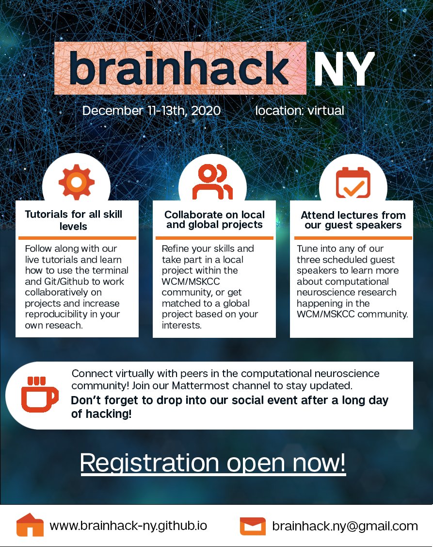 WeillCornellGS's tweet photo. Are you interested in learning about open source tools for neuroscientists? Or have you been wanting to pick up some data science skills?
Get started at @brainhackNY &amp; @brainhackorg. Free virtual hackathon on Dec. 11-13! Register &amp; check out the schedule: https://t.co/DZgyVfgXCu. https://t.co/NyTg33vY8b