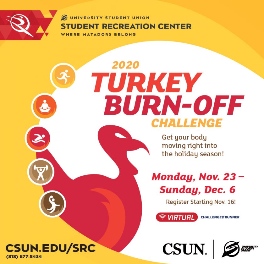 CSUN_USU's tweet photo. Whether you’re eating turkey or tofu this Thursday, the USU wishes you all a safe + fun Thanksgiving Week! Check out What’s New At Your USU this week! https://t.co/E9XHDOInM5