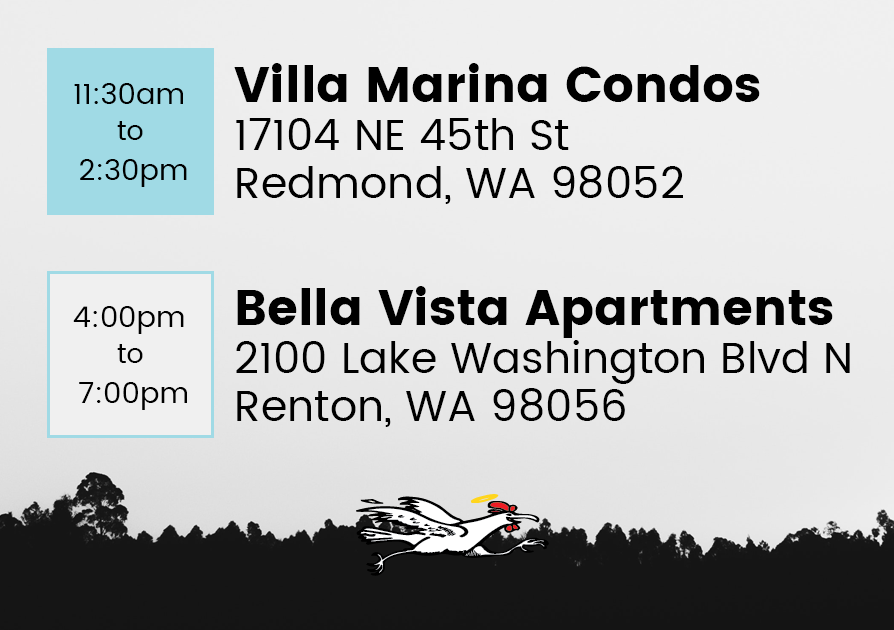Another double header is on the menu! Come enjoy lunch with us at Villa Marina Condos in Redmond from 11:30am - 2:30pm. We will be serving up dinner over at Bella Vista Apartments in Renton from 4:00pm - 7:00pm. See you there!!