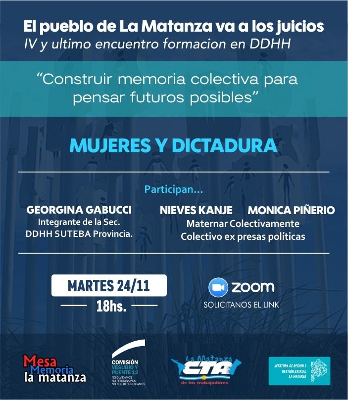 EL PUEBLO DE LA MATANZA VA A LOS JUICIOS

IV y último encuentro de Formación en Derechos Humanos, la historia la escriben los pueblos, en la semana del Día Internacional por la erradicación de la Violencia contra las Mujeres  
Anotate en el formulario 👉🏽 forms.gle/cKtsbzeeGsq9dv…